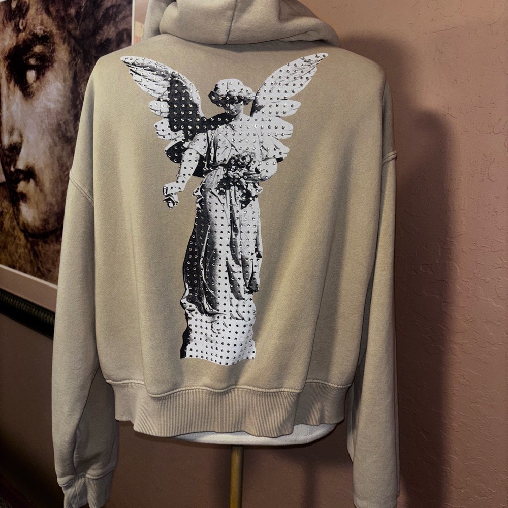 Forever 21 Beige Sherpa-Lined Hoodie bedazzled angel graphic size M